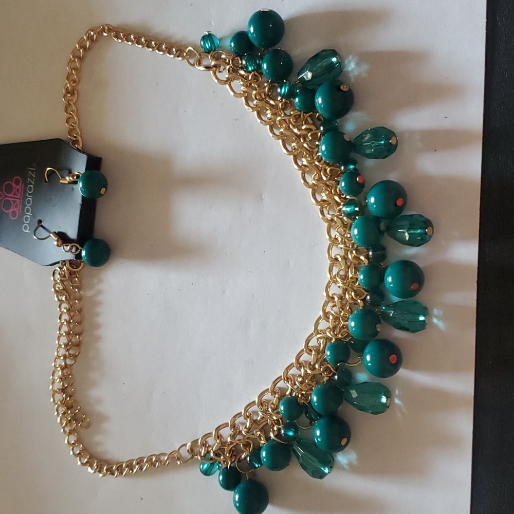 Teal bead necklace and earrings set